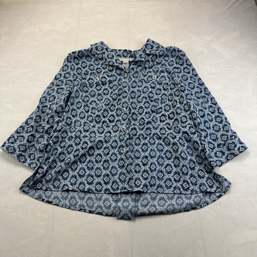 Sag Harbor Women's 16W Blue Floral Button Front 3/4 Sleeve Blouse Plus Size
